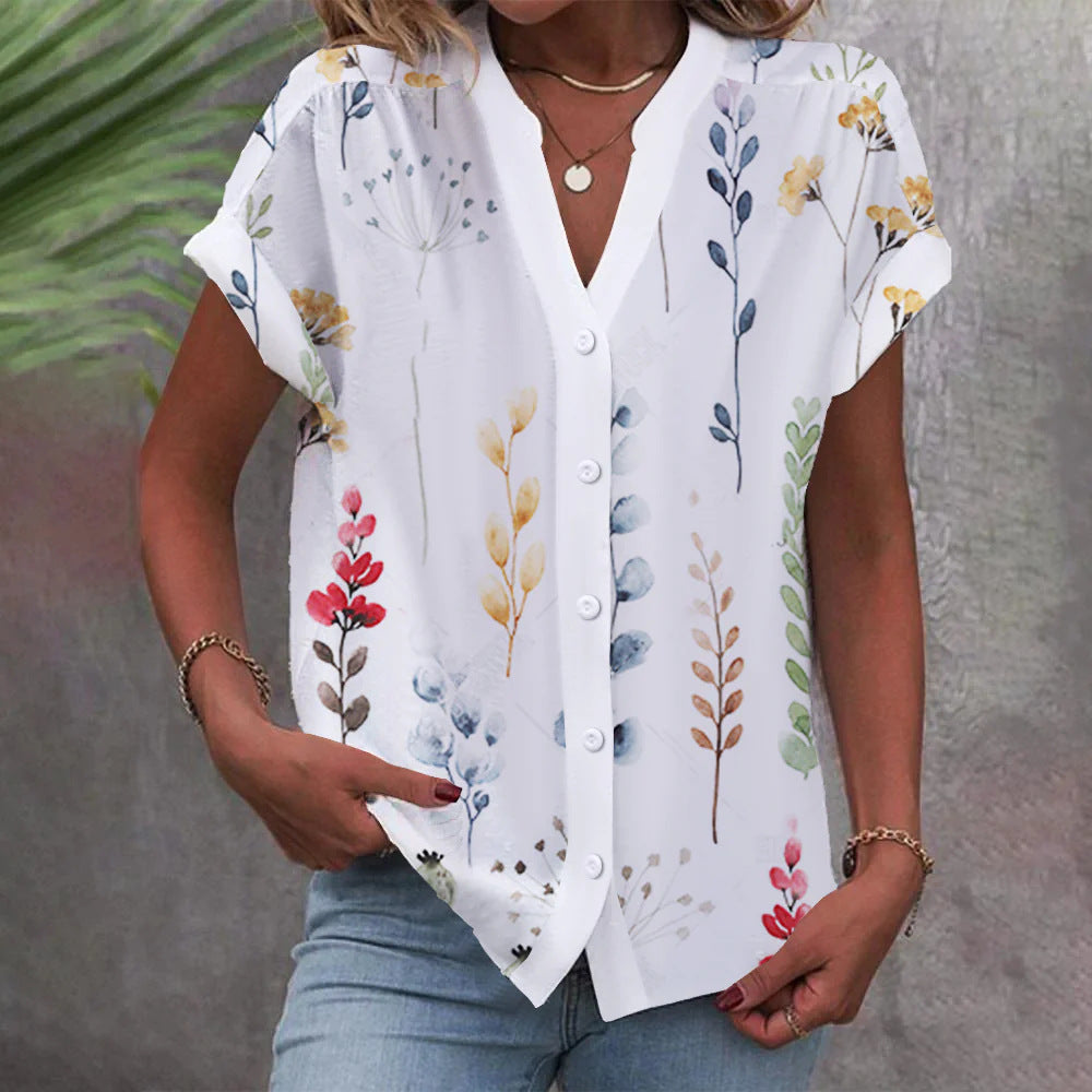 Casual Stand Collar Short Sleeve Regular Cardigan Digital Printing Top Shirt Limorista