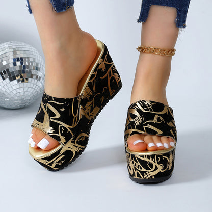 Round Toe Wedge Printed Slippers Limorista
