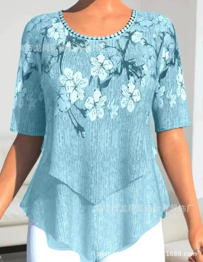 Positioning Printed Round Neck Irregular Short Sleeve Limorista