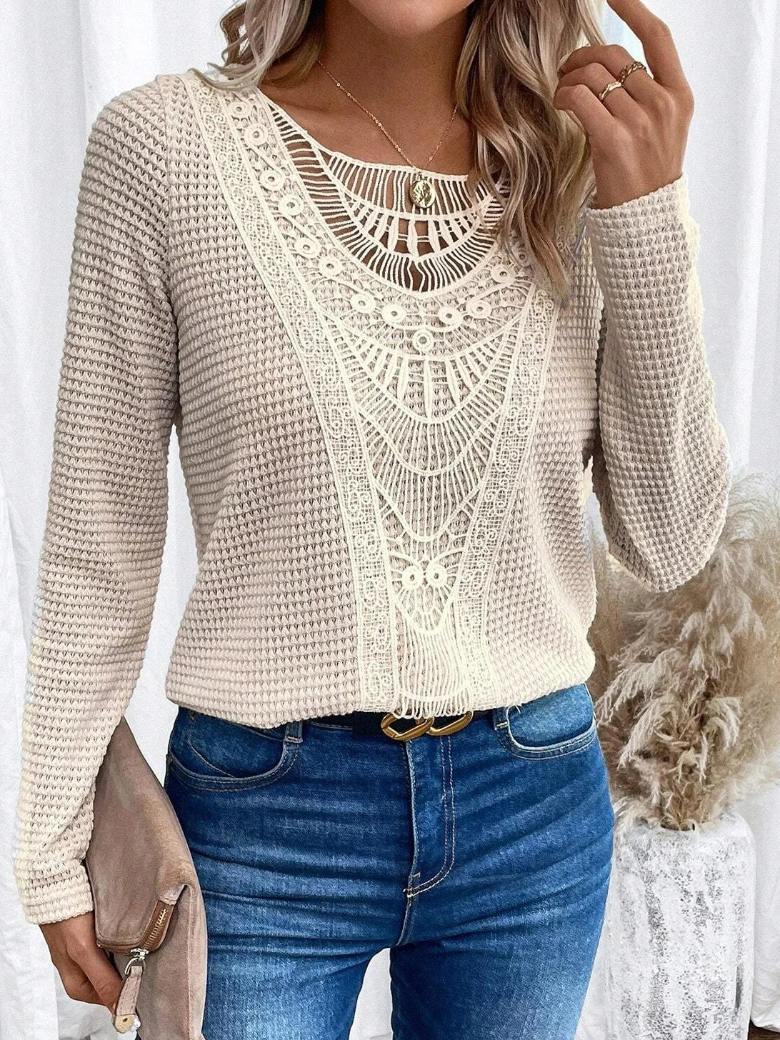 Lace Patchwork Round Neck Women&