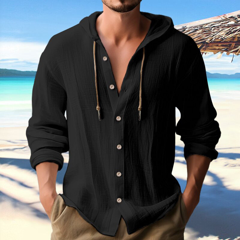 Cotton And Linen Shirt Hooded Sweater Button Long Sleeve Limorista