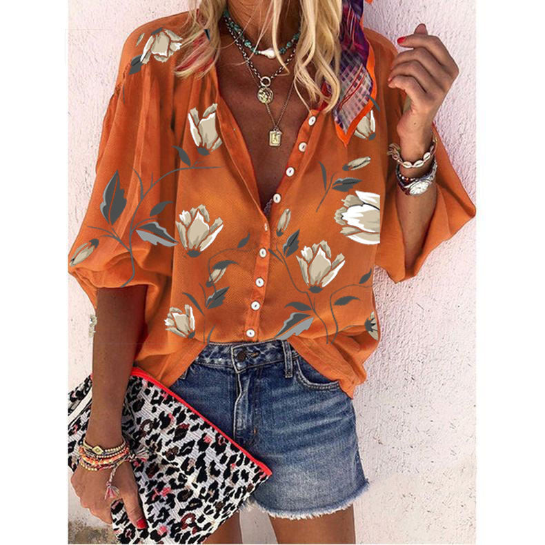 Flower Printed Nine-Sleeve Top Loose Casual Shirt Limorista