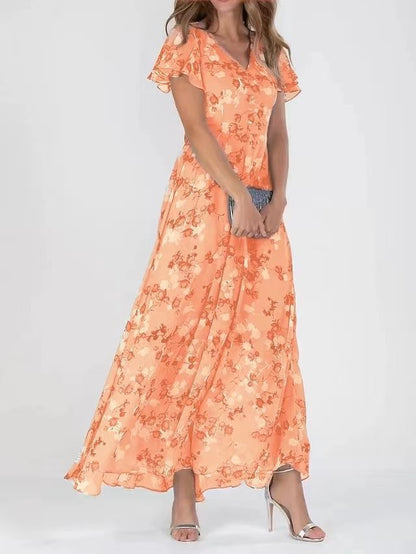 Flowers Print Short Sleeve Dress Summer Fashion Ruffle Beach Dresses Women&