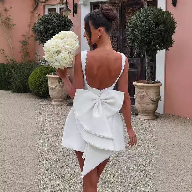 Fashion Big-Bowed Pearls Backless Dress Summer Slim Sleeveless A-line Dresses For Party Evening Women&
