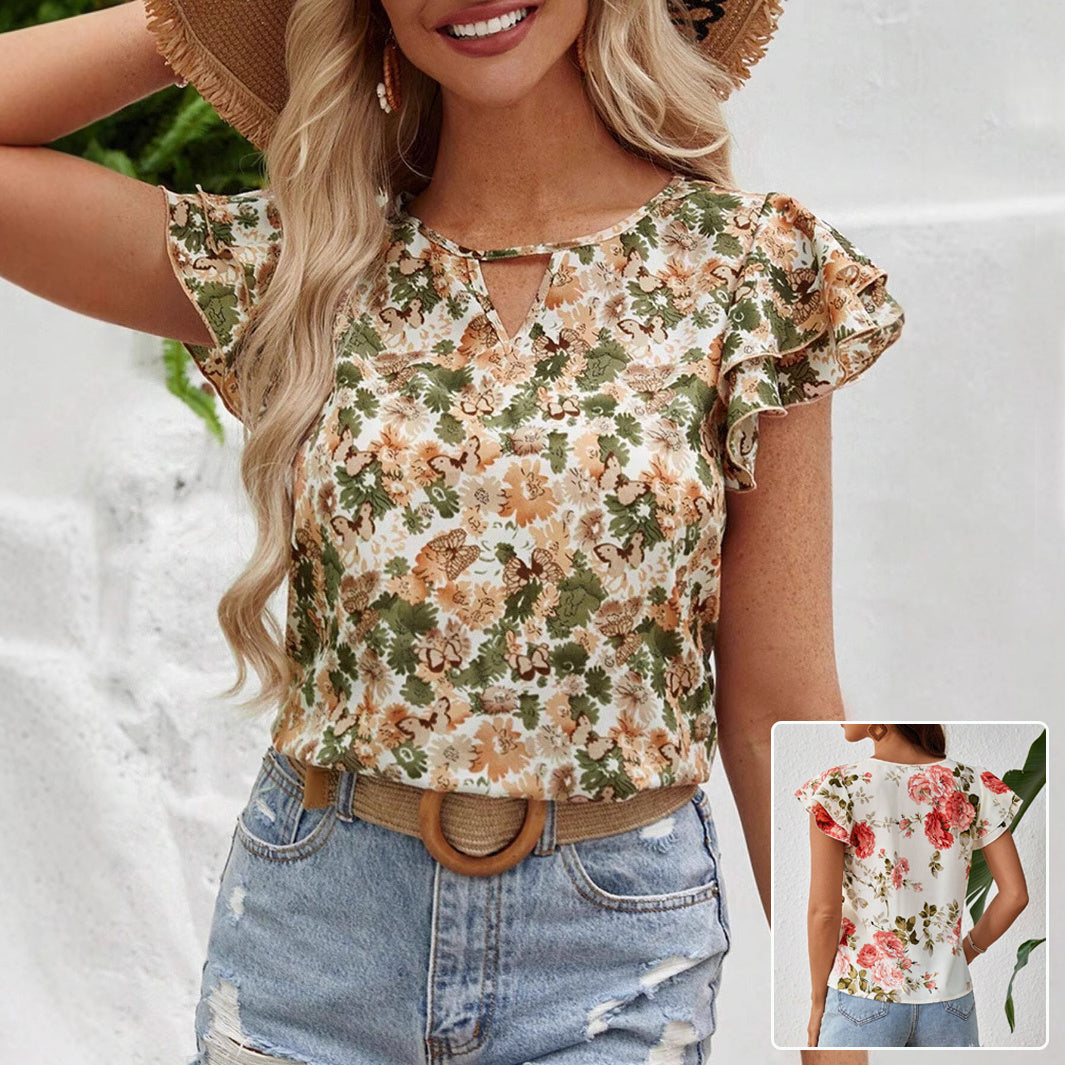Floral Print Short Sleeve Shirt Summer Fashion Ruffled Tops Women&