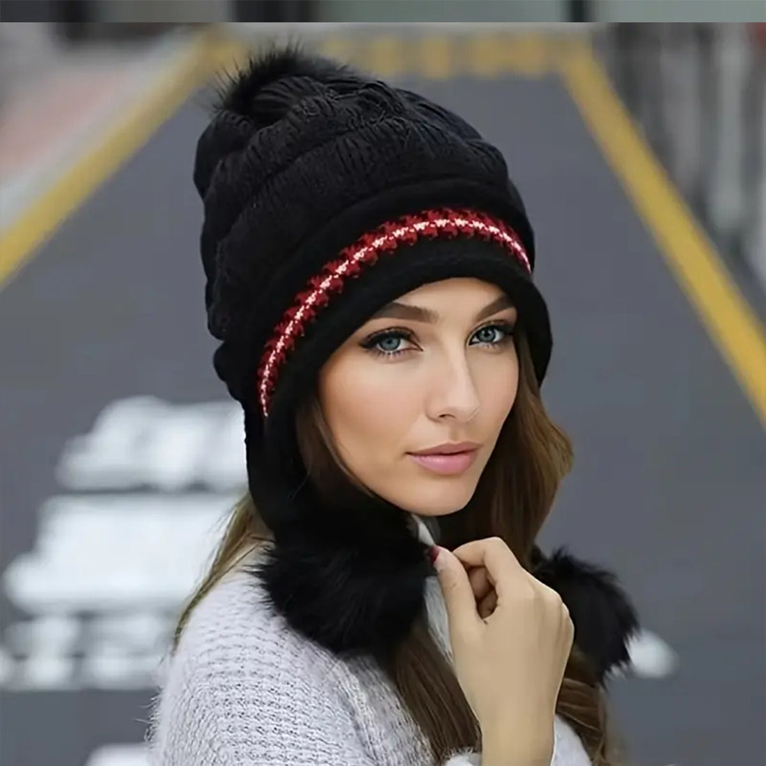 Cozy Knit Fleece-Feel Beanie With Ear Flaps & Pompom Warm Winter Hat For Women Perfect For Skiing & Outdoor Activities Limorista