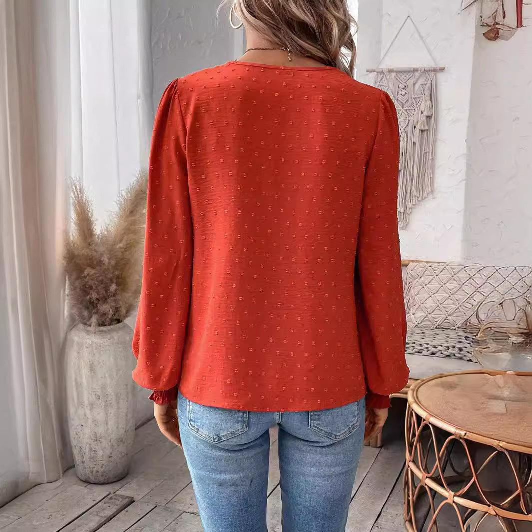 Lace Solid Color Long Sleeve Casual Women&