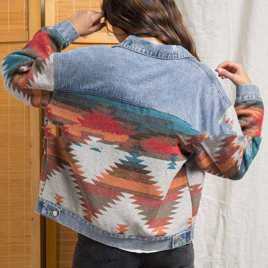 Long-sleeved Lapel Loose Denim Stitching Woolen Coat Limorista