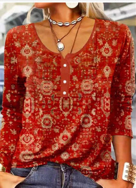 Long Sleeved Geometric Flower Mang U-neck Button Up T-shirt For Women Limorista