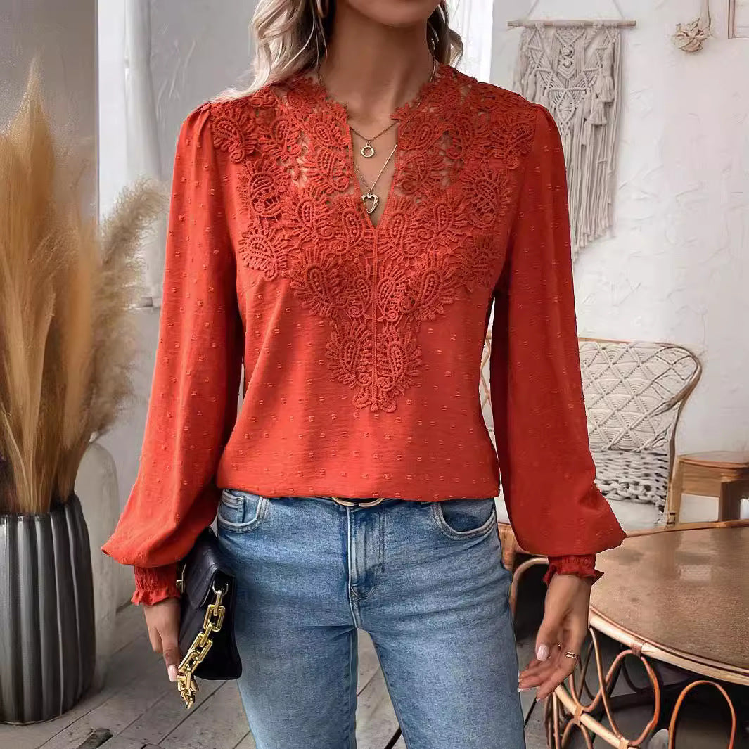 Lace Solid Color Long Sleeve Casual Women&