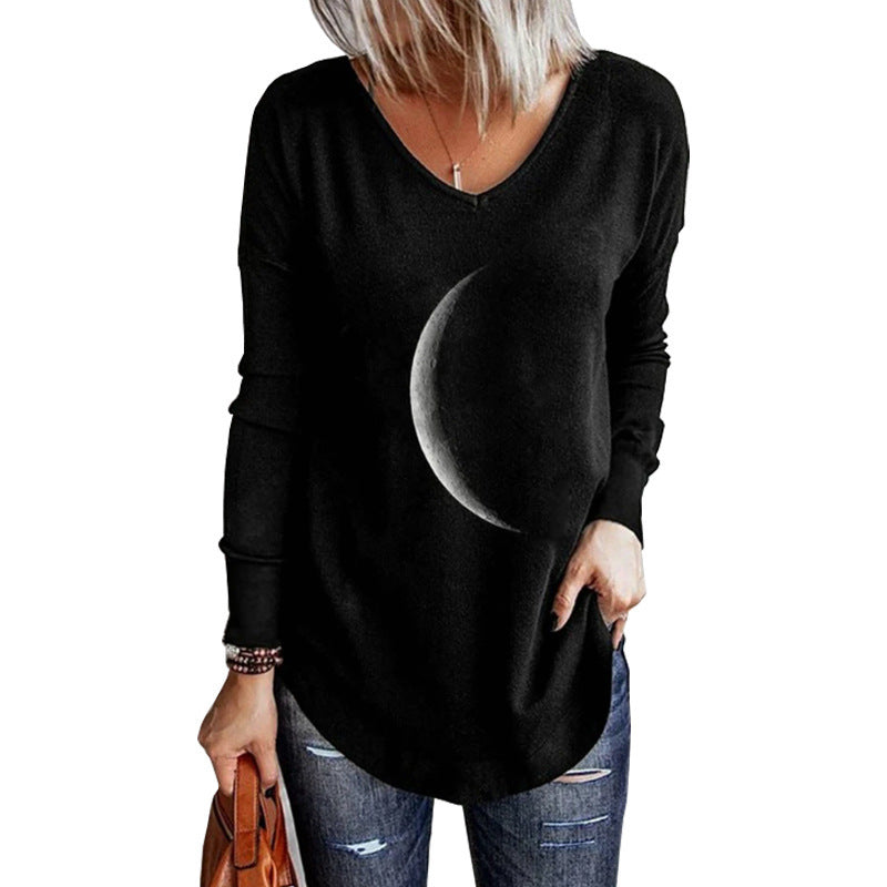 Moon Print Round Neck Loose Long-sleeved T-shirt Sweater Women Limorista