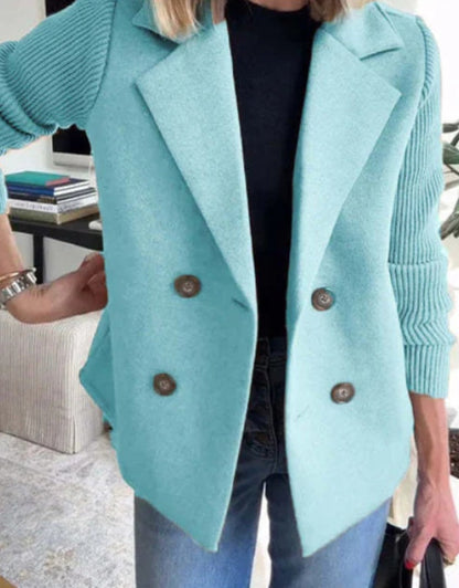 Double Breasted Lapel Jacket Fashion Knitted Sleeves Splicing Design Coat Outerwear Women&