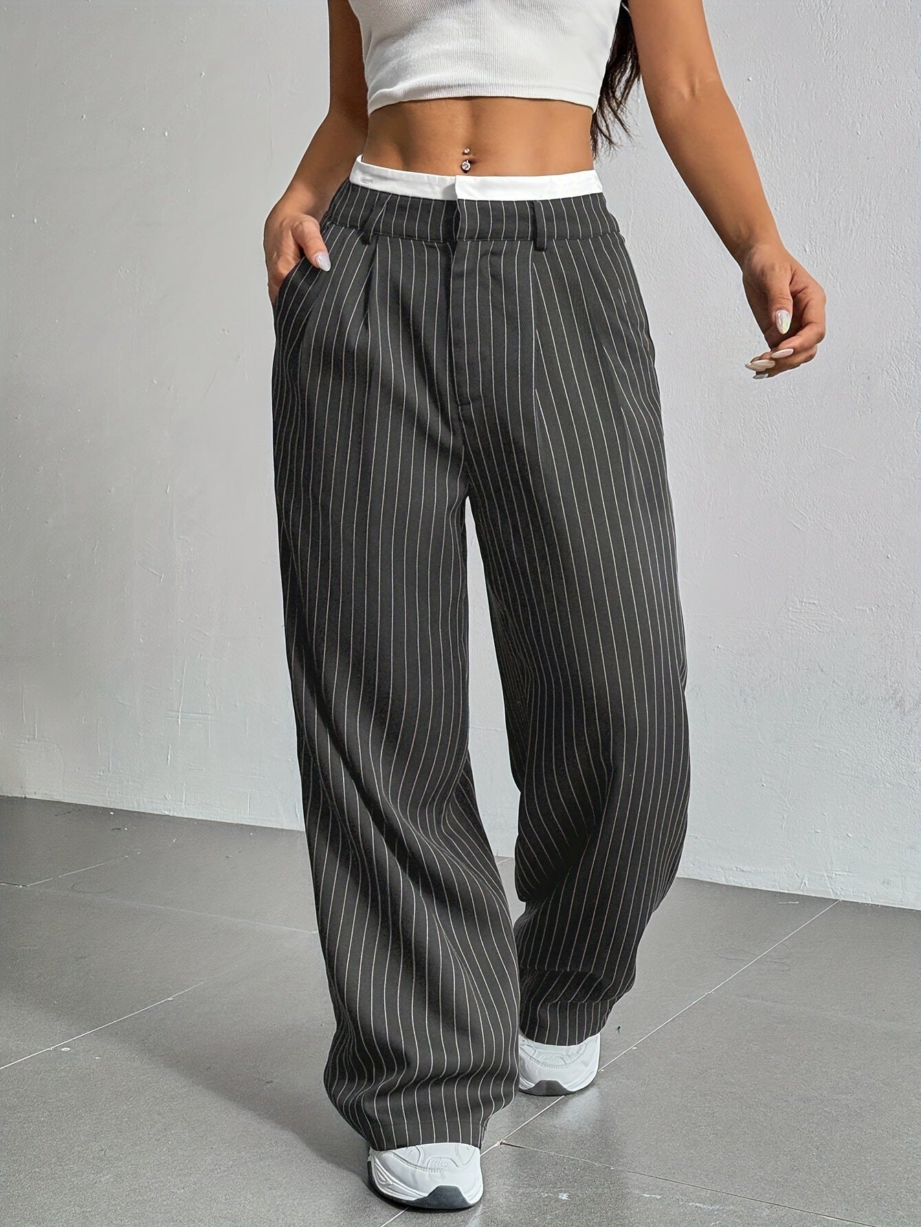 Stripe Printed Trousers Fashion High Waist Straight Leg Pants With Pocket Zipper Casual Suit Pants For Women Limorista