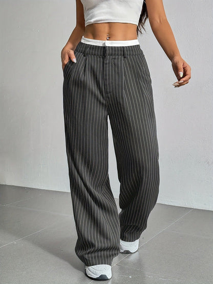 Stripe Printed Trousers Fashion High Waist Straight Leg Pants With Pocket Zipper Casual Suit Pants For Women Limorista