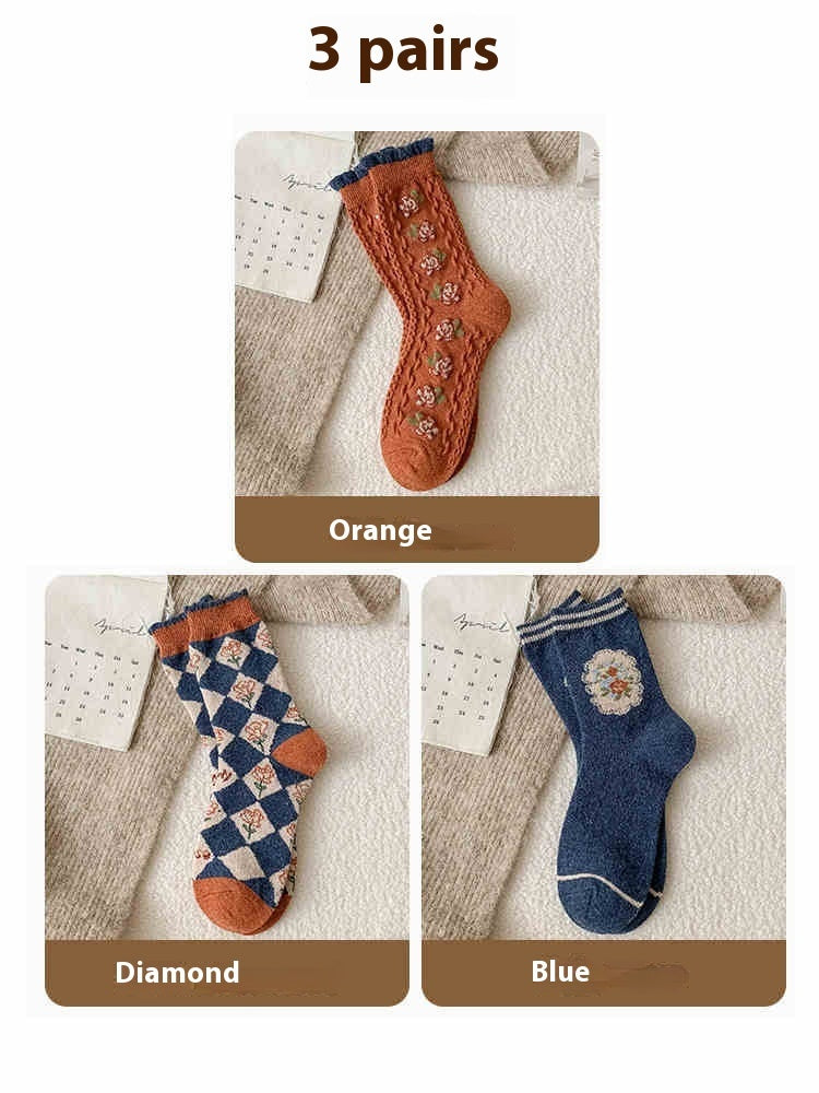 Vintage Small Flower Wool Socks Fleece Lined Padded Warm Keeping Tube Socks Limorista
