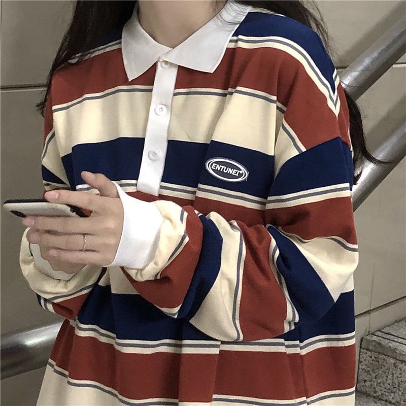 Spring And Autumn Idle Style Striped Loose Collar Sweater Limorista