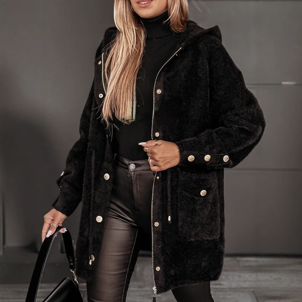 Fashion Drawstring Belt Zip Hooded Jacket Limorista