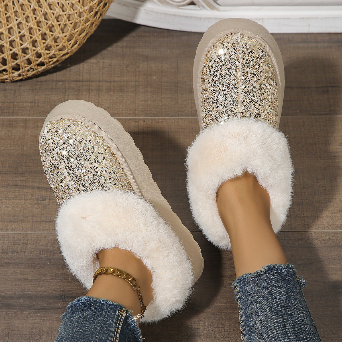 Fashion Sequined Thick-soled Plush Shoes Winter Indoor And Outdoor Casual Warm Slippers Women Garden House Shoes Limorista