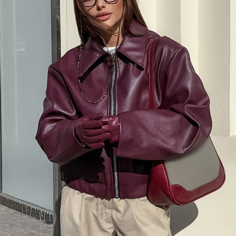 Solid Color Lapel Zipper Jacket Fashion Casual Long Sleeve Leather Coat Tops Women Clothing Limorista