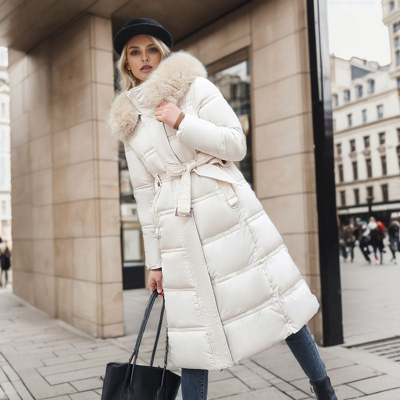 Winter Slim Long Jacket With Fur Hood And Belt Fashion Solid Hooded Coat Warm Clothing For Women Limorista