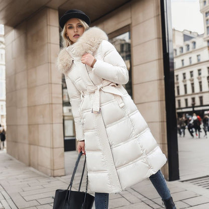 Winter Slim Long Jacket With Fur Hood And Belt Fashion Solid Hooded Coat Warm Clothing For Women Limorista