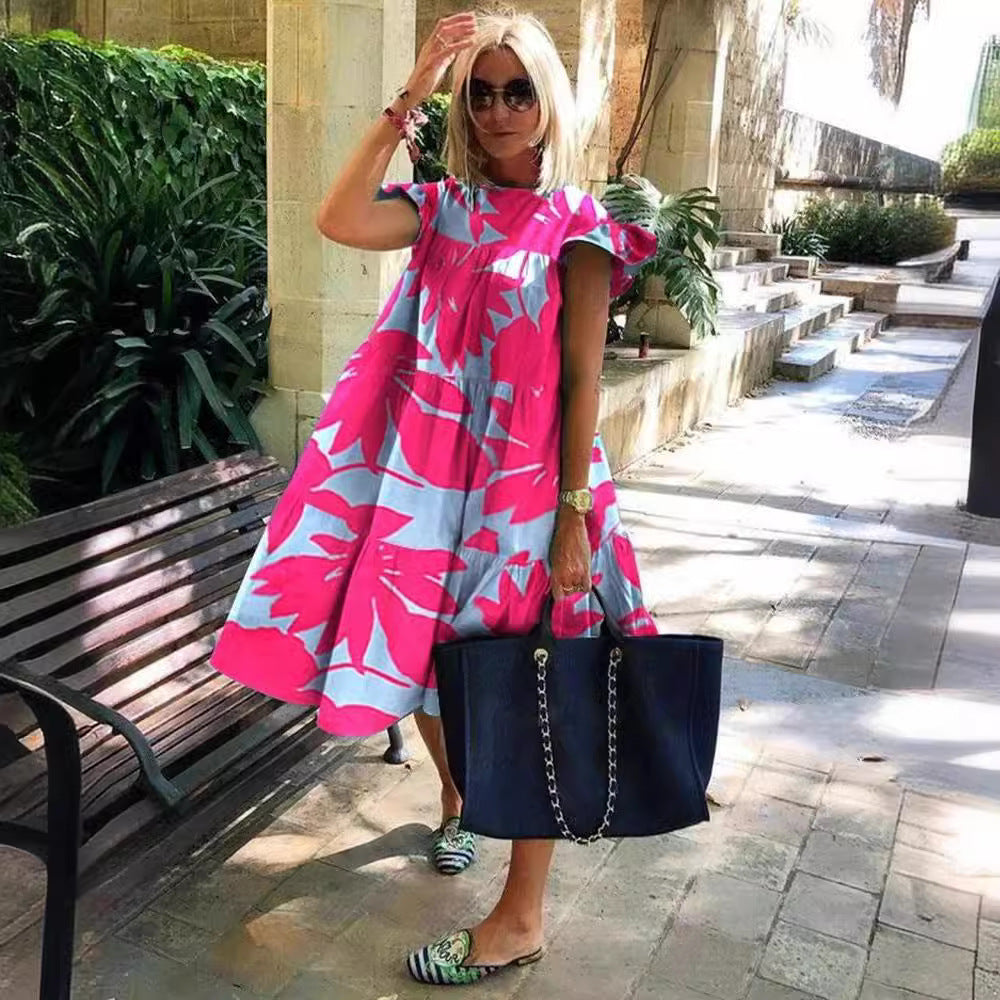 Foreign Trade Cross-border Sweet Holiday Floral Print A- Line Dress Limorista