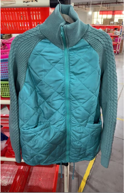 Stand Collar Cotton Jacket With Pockets Fashion Knitted Stitching Zipper Coat Winter Warm Tops For Women Limorista