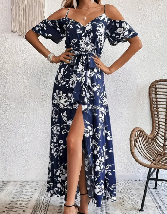Flower Print Split Suspender Dress With Lace-up Design Summer Fashion Long Dresses Beach Clothing For Women Limorista