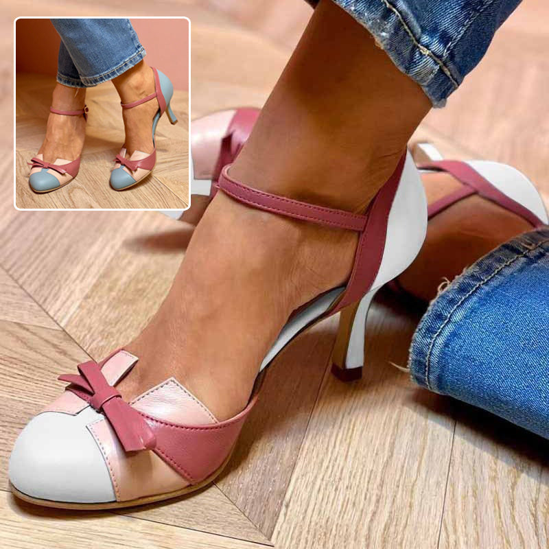 Ins Bow Sandals Summer Color-matching Pointed Toe Buckle High Heels Pumps Women&