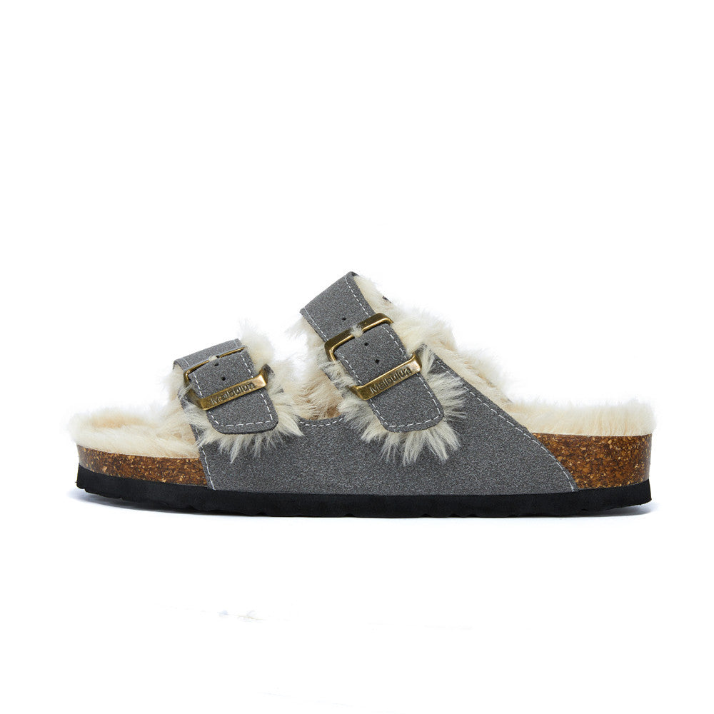 Autumn And Winter Plush Flat Bottomed Frosted Leather Boken Cork Slippers Limorista