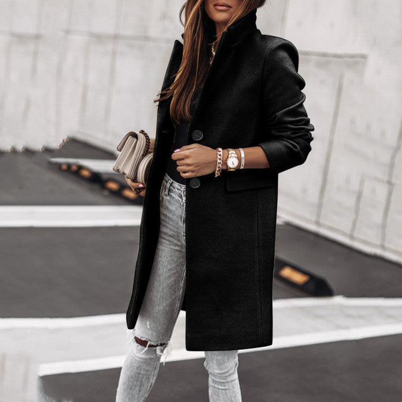 Simplicity Long Sleeve Button Woolen Coat Overcoat Limorista