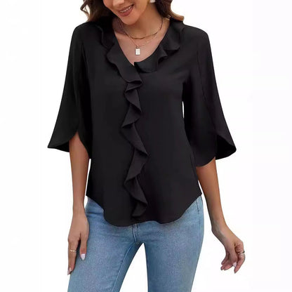 Lady Literature Leisure Commute All-matching Loose All-matching V-neck Flounce Shirt Limorista