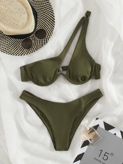 Ladies Split Swimsuit Solid Color One Shoulder Underwire Bikini Limorista