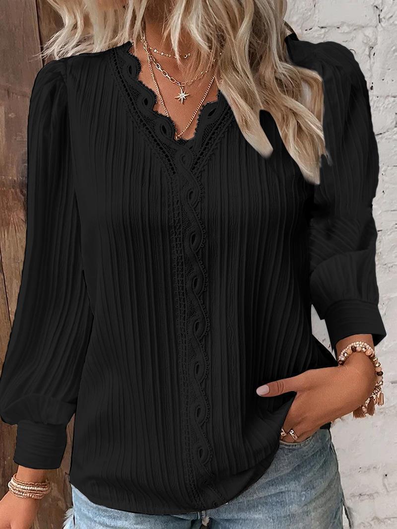 Long Sleeve V-neck Lace Patchwork Shirt Limorista