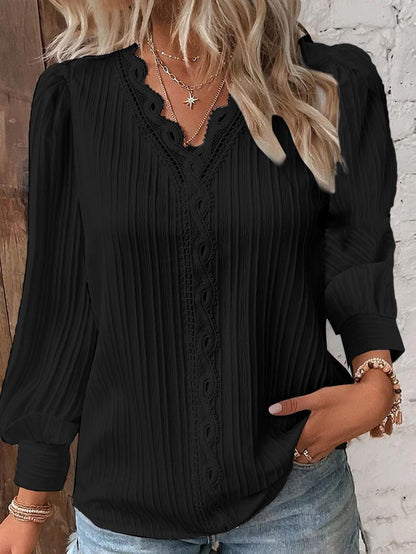Long Sleeve V-neck Lace Patchwork Shirt Limorista