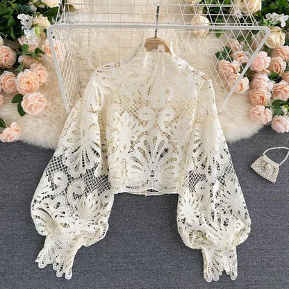 Design Sense Lace Hollow Top Stand-up Collar Puff Sleeve Loose Shirt Limorista