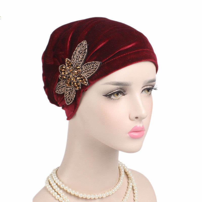 Beaded Flower Accessories Turban Hat Velvet Pleated Hood Limorista