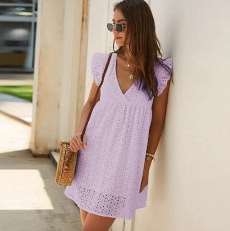 Summer V-neck Cotton Short Skirt Solid Color Dress Limorista