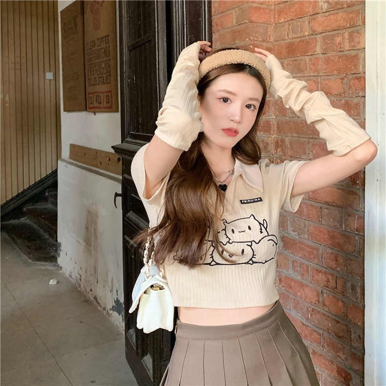 Cute Girl Sense Cream Color Print Polo Neck Short T-shirt Limorista