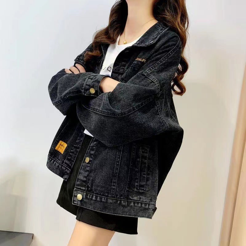 Limorista - Loose Embroidered Lettered Black Denim Jacket Slimming Jacket Coat For Women