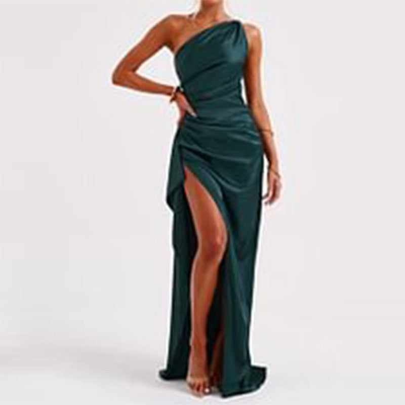 Sexy One-shoulder Backless Slit Dress Summer Elegant Slim-fit Solid Color Satin Dresses For Women Limorista