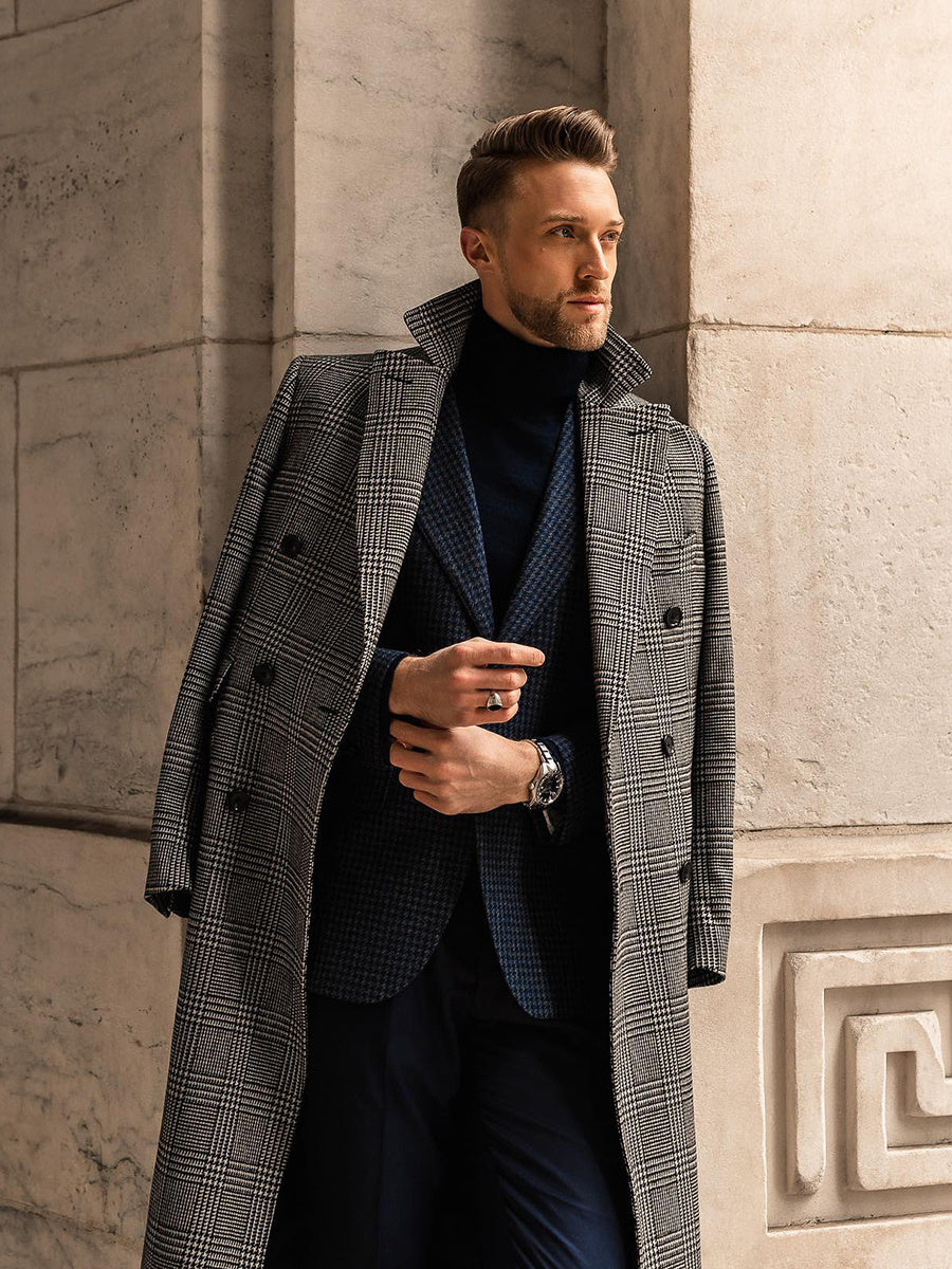 Full Wool Suit Collar Medium Length Double Breasted Checked Overcoat Limorista