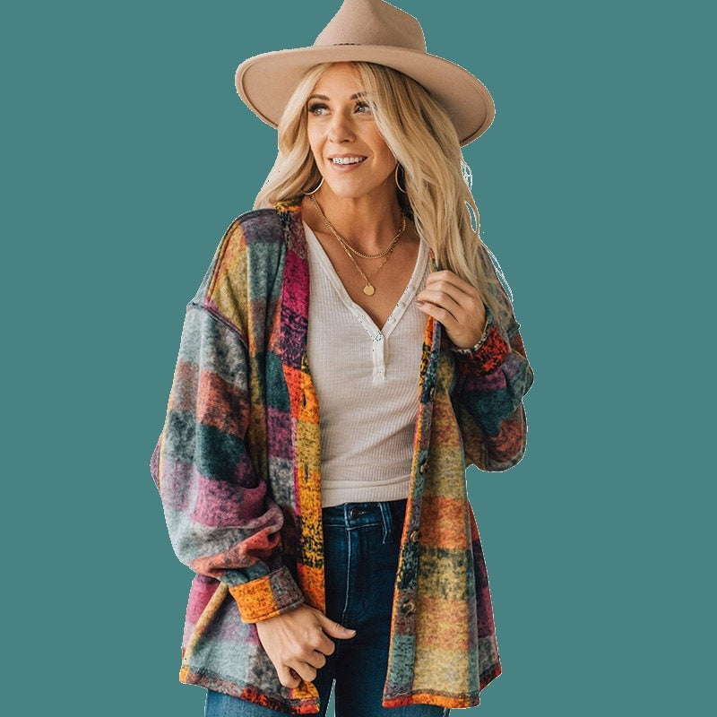 Female Multicolor Plaid Loose Jacket Limorista