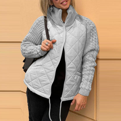 Stand Collar Cotton Jacket With Pockets Fashion Knitted Stitching Zipper Coat Winter Warm Tops For Women Limorista
