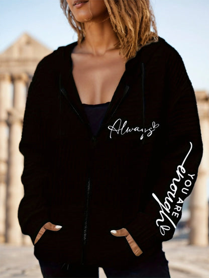 Letter Print Zipper Dual Pockets Hoodie Limorista