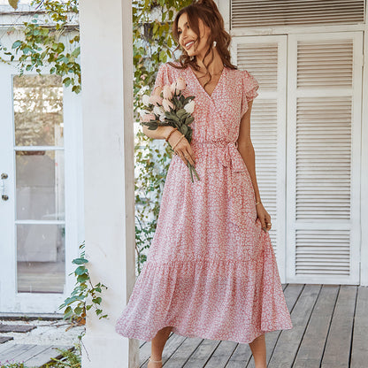 Summer Dresses Ruffle Cap Sleeve V Neck Belt Wrap Split Boho Floral Long Casual Party Beach Dress Limorista