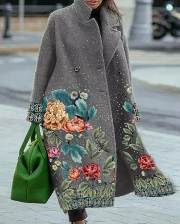 Printed Slim Fit Lapel Commuter Long Jacket Limorista