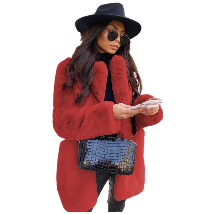 Temperament Long Sleeve Lapel Faux Fur Coat Solid Color Coat Women Fur Fur Women&