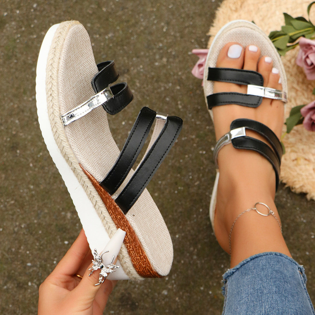 Colorblock-strap Wedges Sandals Summer Fashion Hemp Heel Slides Slippers Outdoor Thick Bottom Fish Mouth Shoes For Women Limorista