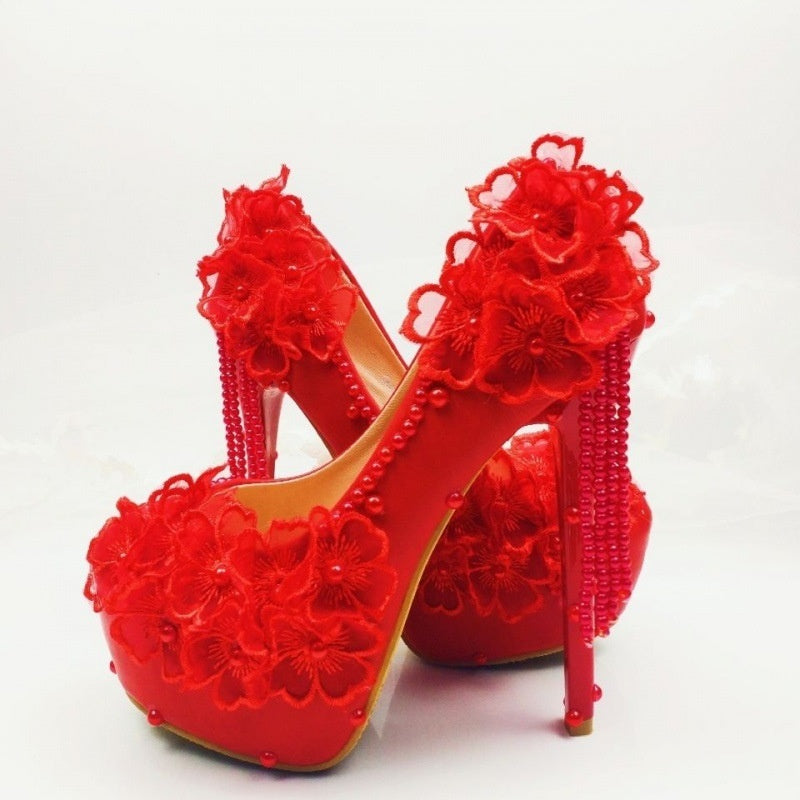 Male Lace High-heeled Shoes Korean Style, Flower Rhinestone Tassel Bride Limorista
